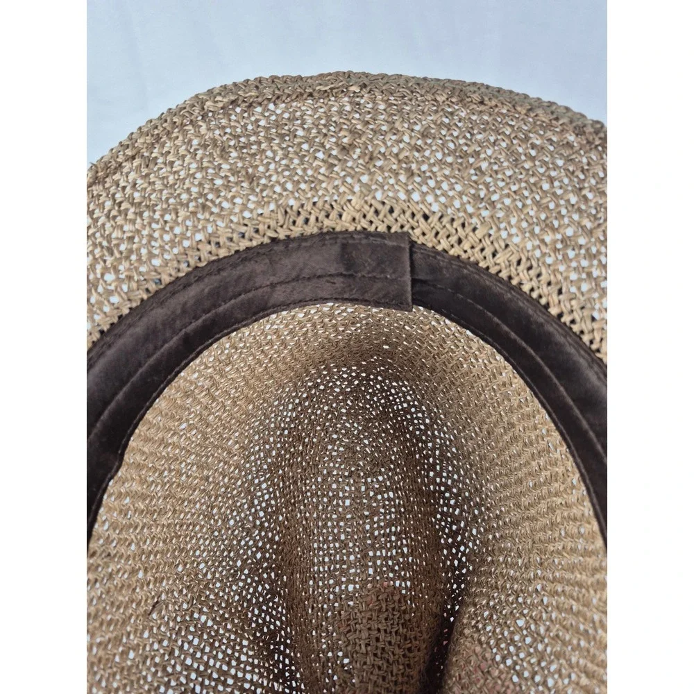 Panama Jack Straw Fedora‎ Hat Tan Woven Sun Hat Blue Denim Band Mens Womens
